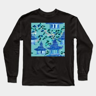 Chinoiserie pagodas on teal background Long Sleeve T-Shirt